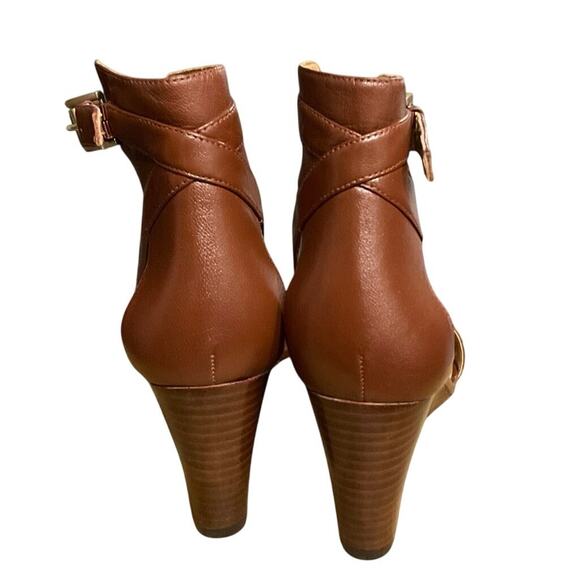 Nine West Floyd Brown Leather Stacked Wedge Sandal Ankle Strap - Picture 4 of 6